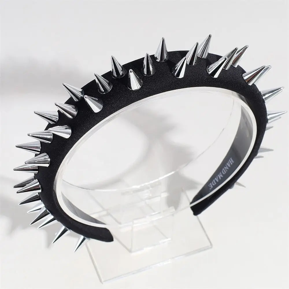 Silver and gold punk goth headband with rivets, stylish hair accessory for women, cosplay, and everyday wear.