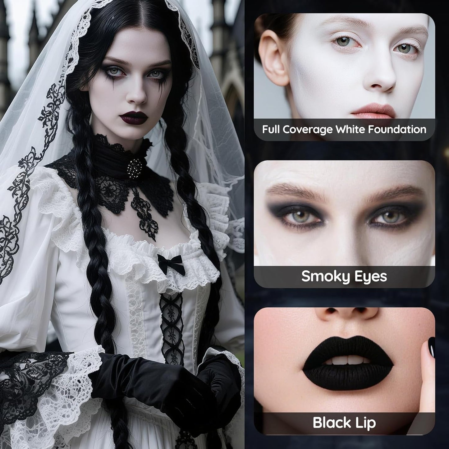 Halloween Goth SFX Makeup Kit, Complete Gothic Makeup Set Include White Liquid Foundation, Eyeliner, Setting Powder, Eyeshadow & Black Lipstick for Halloween Cosplay, Carnival, Theater