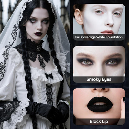 Halloween Goth SFX Makeup Kit, Complete Gothic Makeup Set Include White Liquid Foundation, Eyeliner, Setting Powder, Eyeshadow & Black Lipstick for Halloween Cosplay, Carnival, Theater