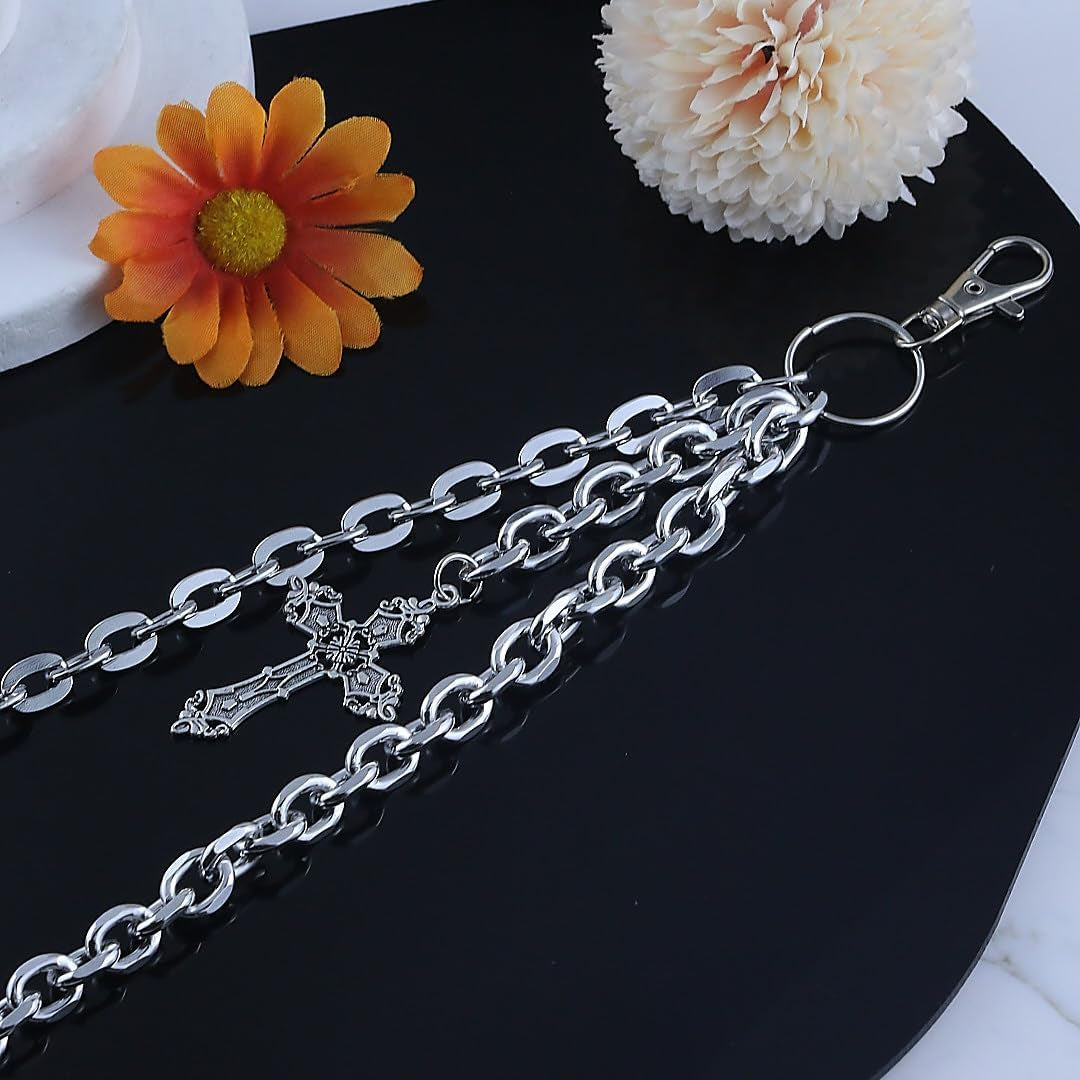 Silver layered wallet chain with heart cross rivet tassel jewelry for men and women, featuring punk-inspired design by ANGLEQUEEN.
