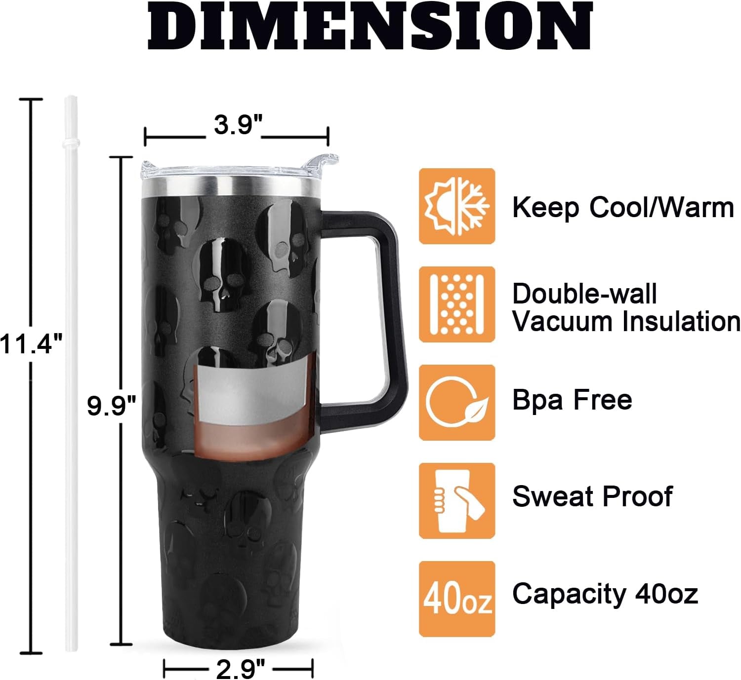 Goth Gifts Goth Tumbler Halloween Tumbler 40 Oz 3D-Printed Skull Gifts Cup for Women Men Spooky Skeleton Travel Mug with Handle Lid and Straw