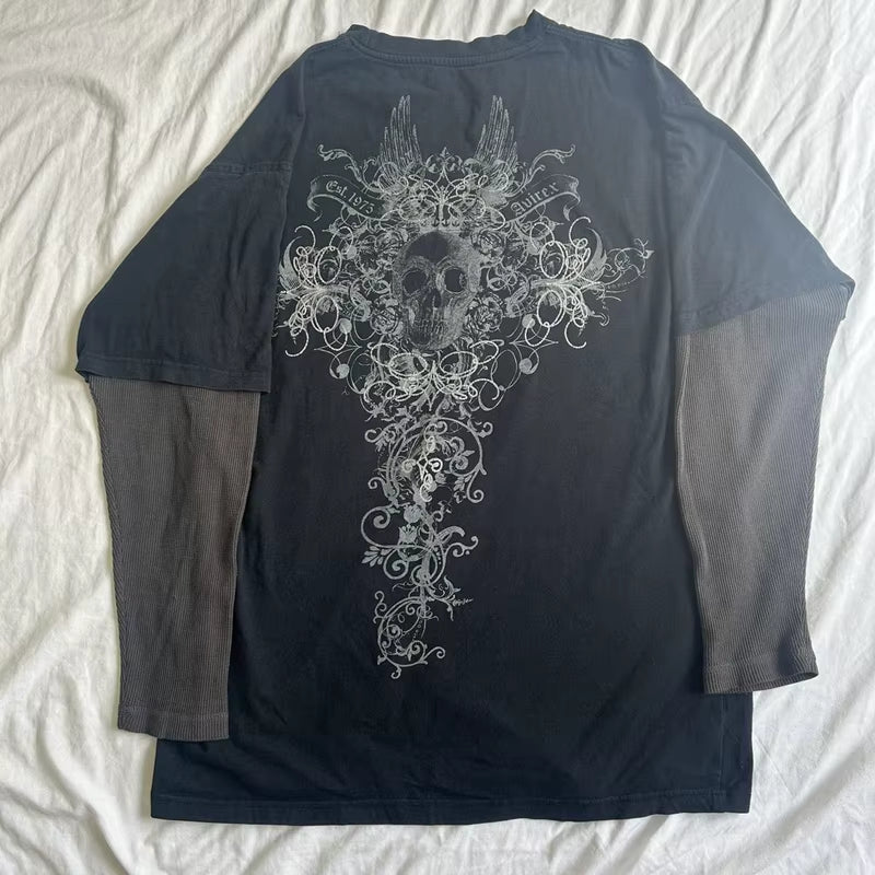 Long sleeve Y2K cyber grunge T-shirt for women featuring retro Harajuku patchwork and gothic style, by PressureDen.store.