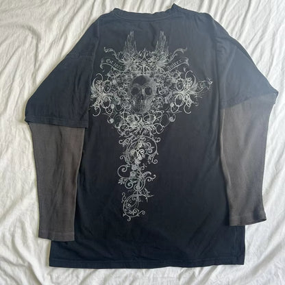 Long sleeve Y2K cyber grunge T-shirt for women featuring retro Harajuku patchwork and gothic style, by PressureDen.store.