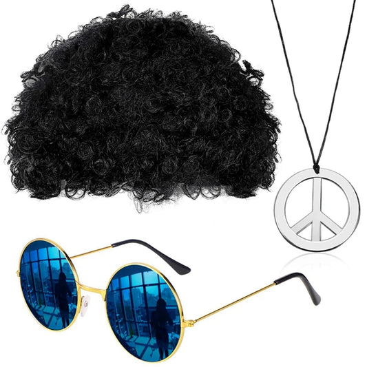 Step Back in Time: Retro Costume Jewelry Set with Afro Wig, Sunglasses & Necklace – Ultimate 80s Style Accessories for Men at 50s, 60s, and 70s Theme Parties!