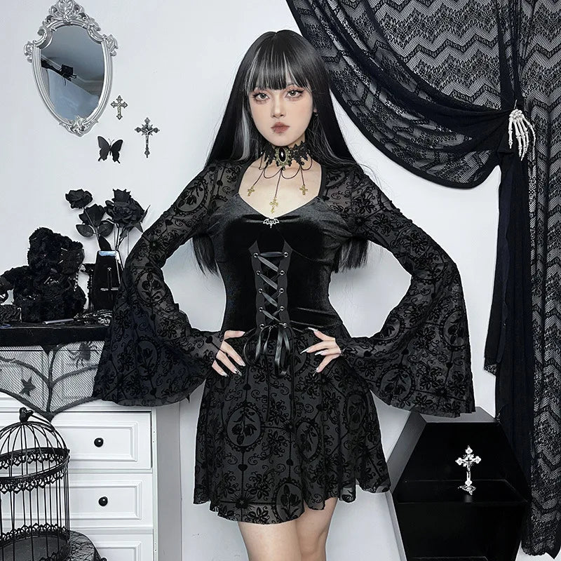 Vintage gothic velvet dress with flare sleeves, perfect for punk or grunge party outfits for women.