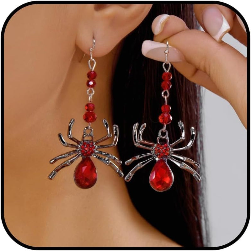 Gothic spider bat and witch hat earrings by ULLKEL, statement punk jewelry for cosplay, spooky themes, and alternative fashion.