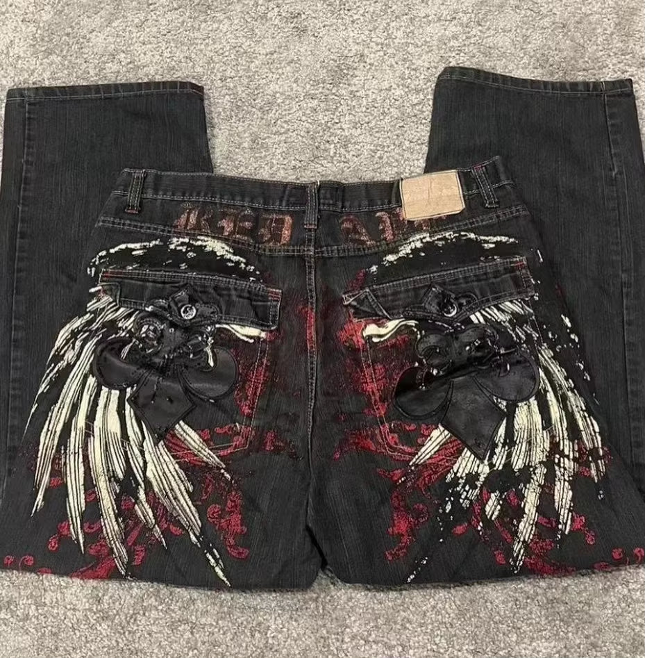 Y2K Harajuku baggy jeans with retro wing embroidery, high waist gothic wide trousers, stylish streetwear by PressureDen.store