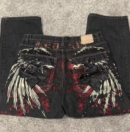 Y2K Harajuku baggy jeans with retro wing embroidery, high waist gothic wide trousers, stylish streetwear by PressureDen.store
