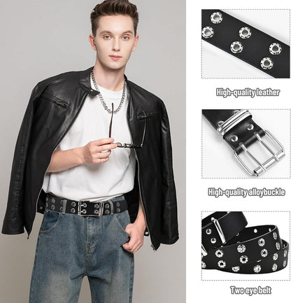 Stylish 3-piece studded Y2K emo goth punk rock belt set with bullet details, featuring black leather and metal hardware.