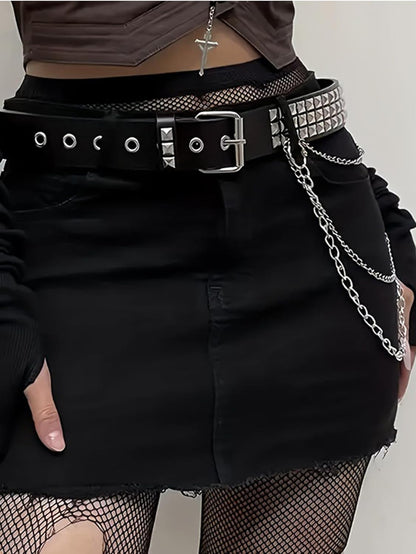 QWALIT punk chain belt for women with leather strap, goth fashion accessory, rave-ready style, featuring metal chain details