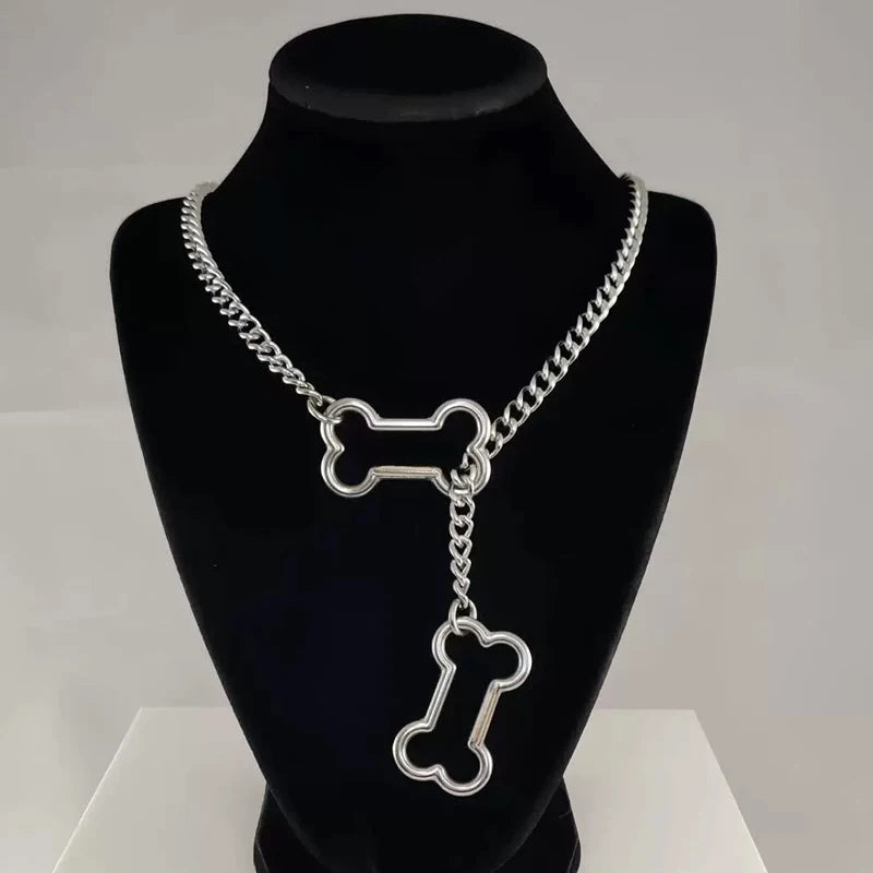Punk Charms Chain Bone Pendant Necklace for Women Korean Fashion Goth Geometric Necklace Hip Hop Grunge Accessories Jewelry