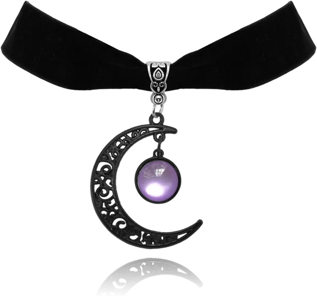 Gothic black velvet moon and crystal choker necklace for women, featuring a dark elegant design with moon-shaped pendant.