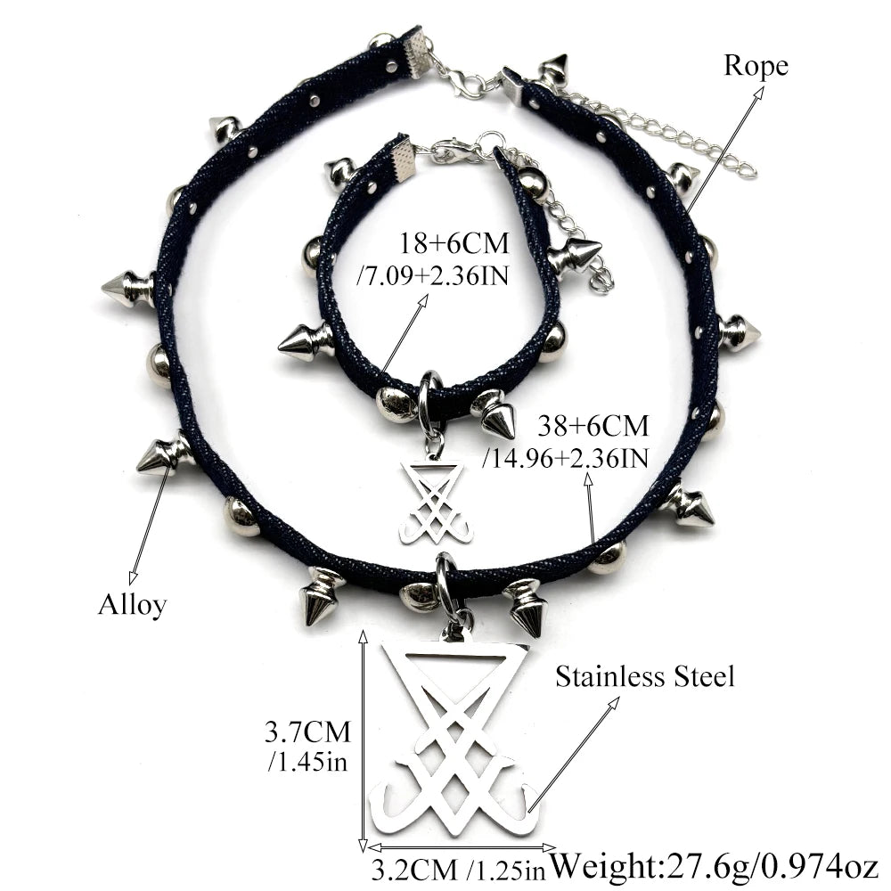 Gothic punk stainless steel choker necklace with satanic sigil and leather chain, featuring Lavey devil design and intricate metal details.