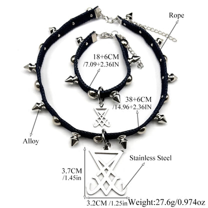 Gothic punk stainless steel choker necklace with satanic sigil and leather chain, featuring Lavey devil design and intricate metal details.