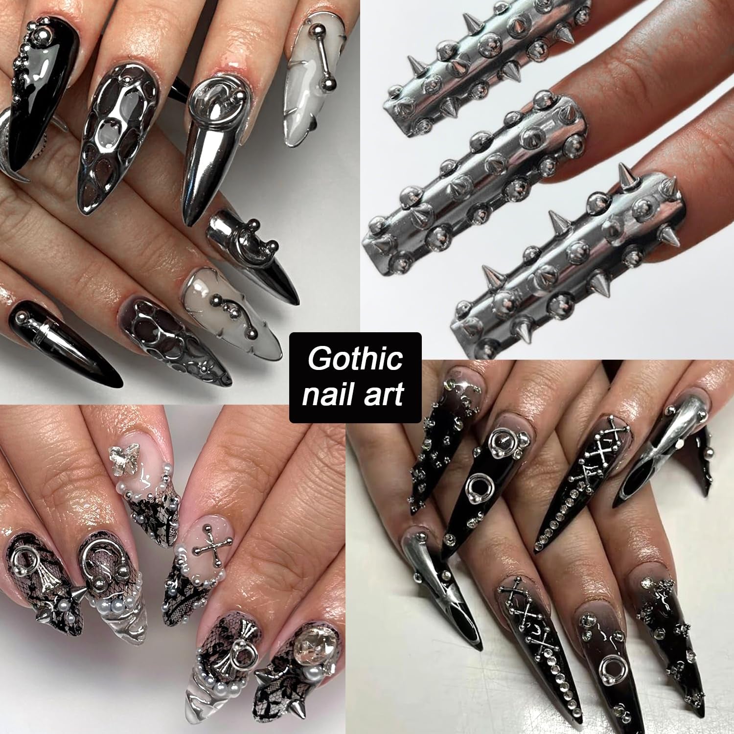 Gothic punk nail charms with 3D triangle and spike designs, black rivets, and silver alloy accessories for edgy DIY manicures.