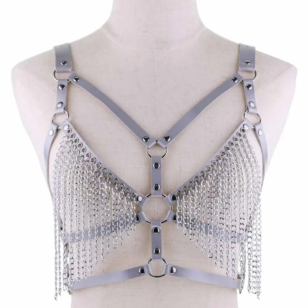 Leather Chain Harness Body Chain Bra Goth Punk Sexy Chain Top Women Body Jewelry Summer Festival Fashion Rave Outfit