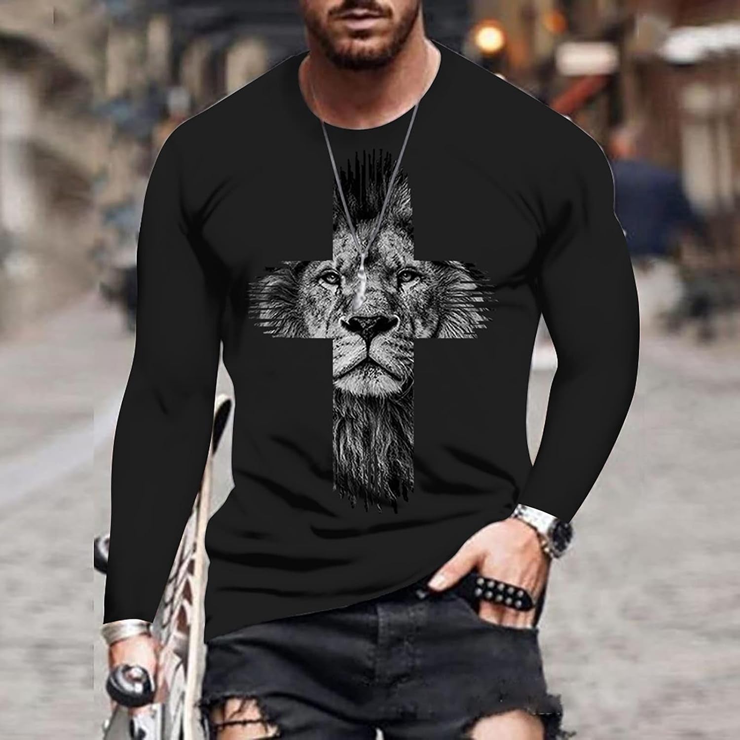 Black men's long sleeve graffiti print T-shirt with round neck, casual street fashion style from PressureDen.store.