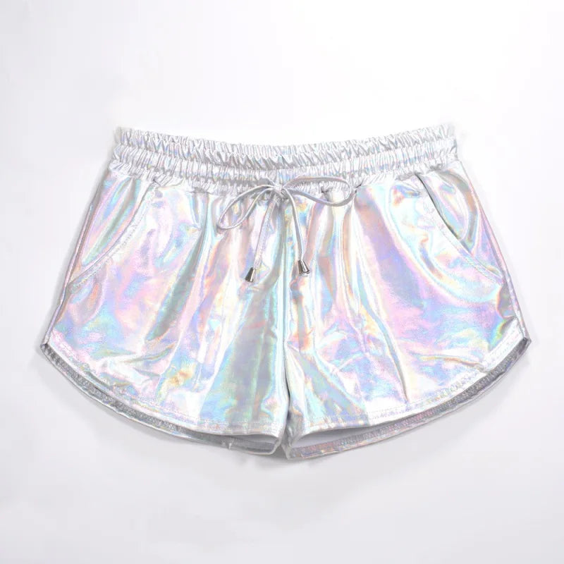 Summer Festival Ready: Women's Holographic Metallic Elastic Drawstring Shorts for Effortless Style