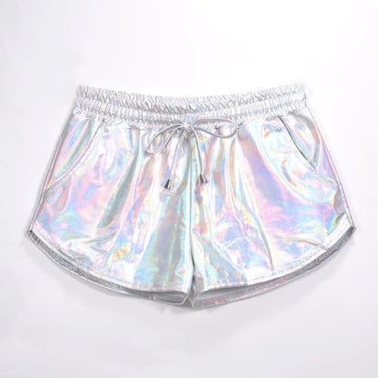 Summer Festival Ready: Women's Holographic Metallic Elastic Drawstring Shorts for Effortless Style