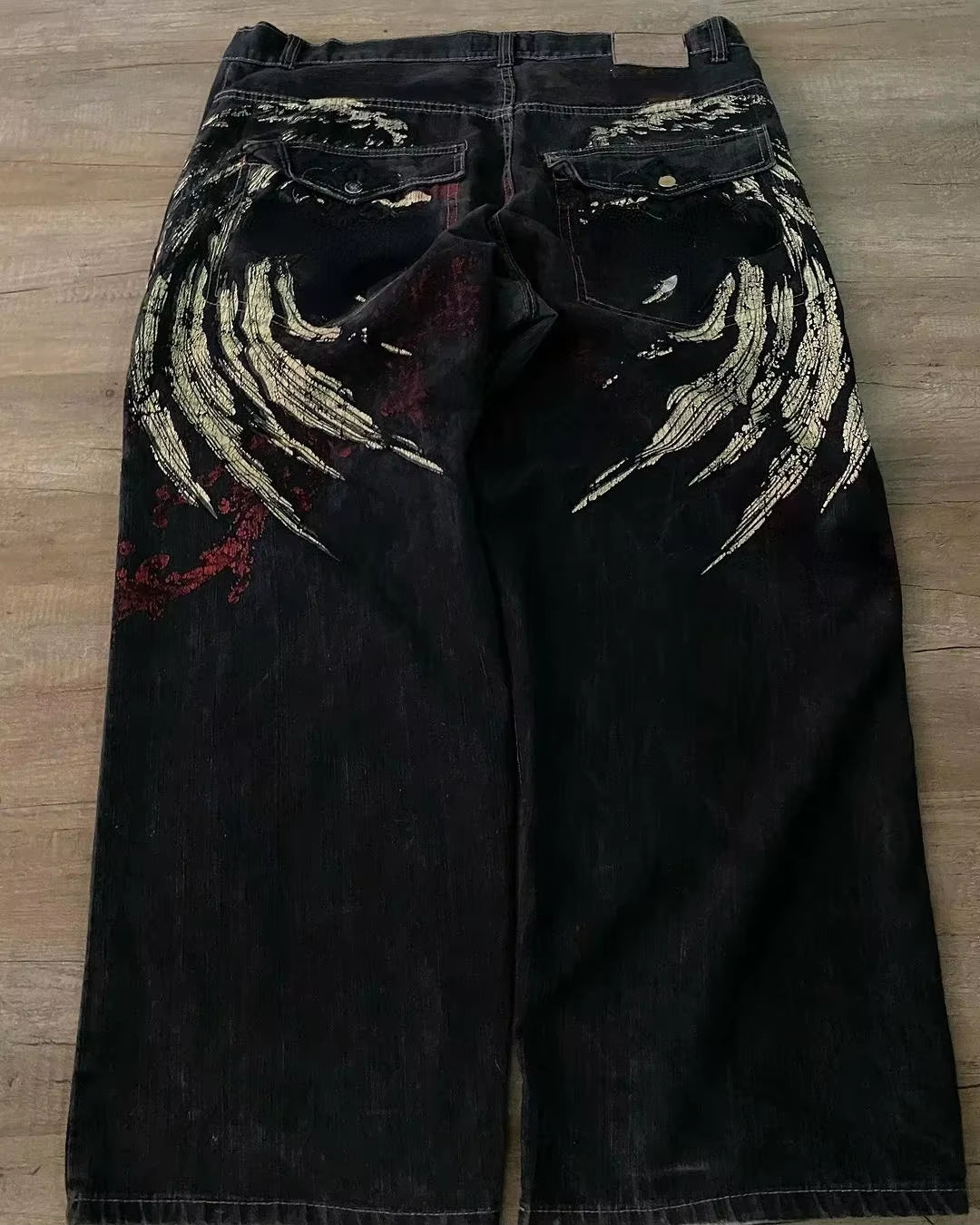 High waist Y2K Harajuku baggy jeans with retro wing embroidery, gothic wide trousers style, by PressureDen.store