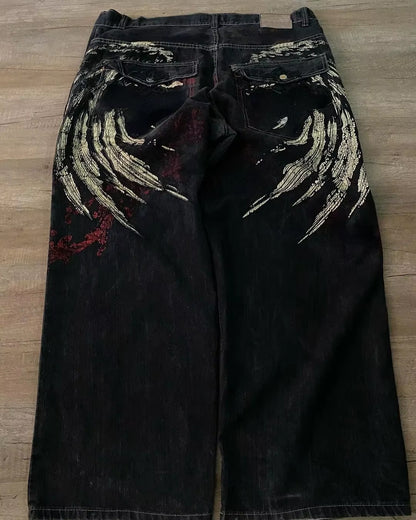 High waist Y2K Harajuku baggy jeans with retro wing embroidery, gothic wide trousers style, by PressureDen.store