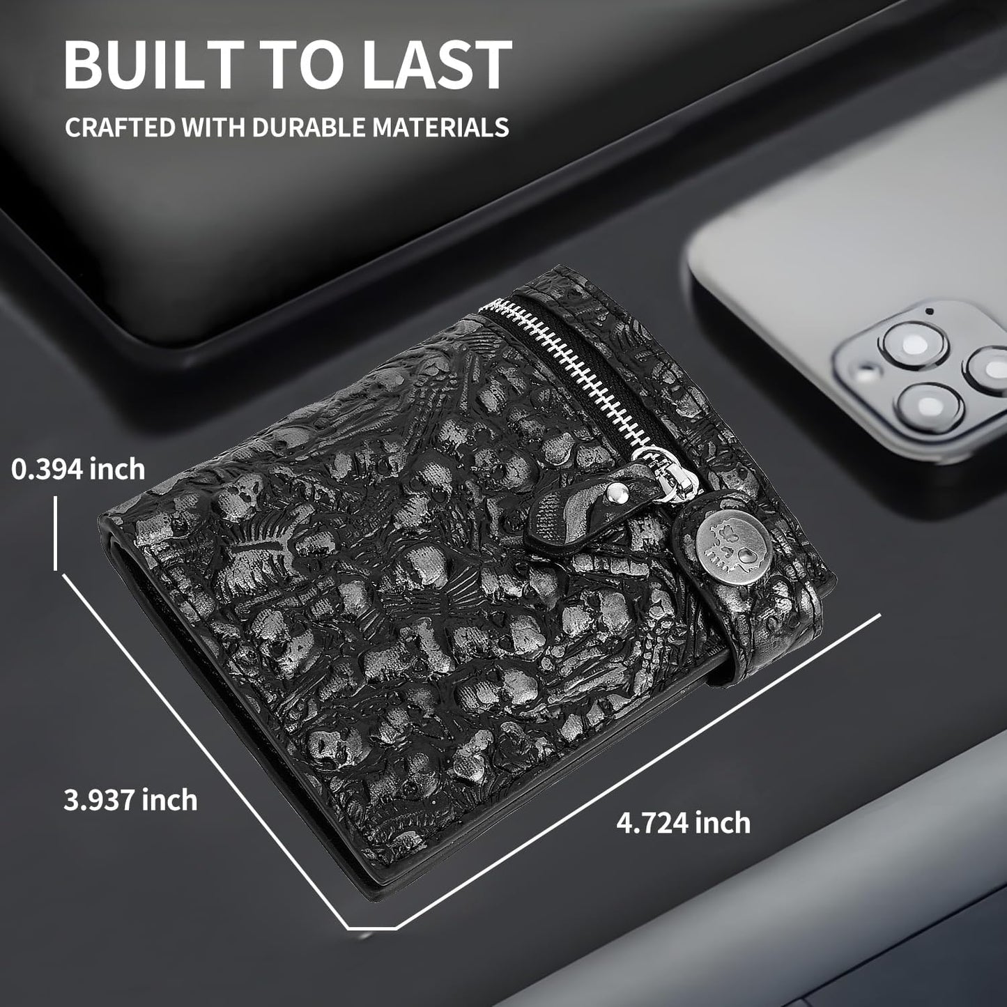 Unisex Gothic punk skull chain wallet with silver hardware, bifold faux leather design, suitable for Halloween and everyday fashion.