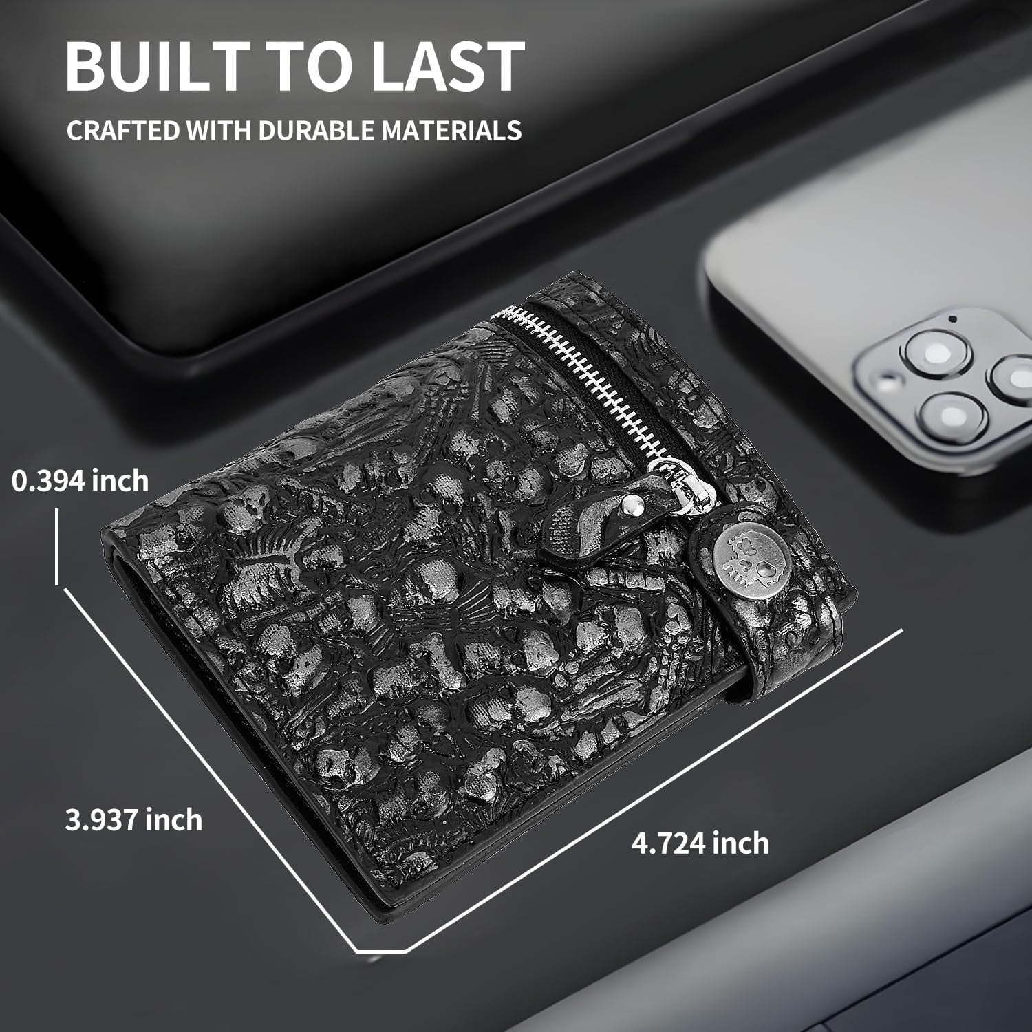 Unisex Gothic punk skull chain wallet with silver hardware, bifold faux leather design, suitable for Halloween and everyday fashion.