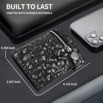 Unisex Gothic punk skull chain wallet with silver hardware, bifold faux leather design, suitable for Halloween and everyday fashion.