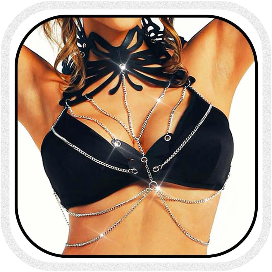 Black Chain Harness Leather Chest Chain Bra Goth Body Chain Jewelry for Women