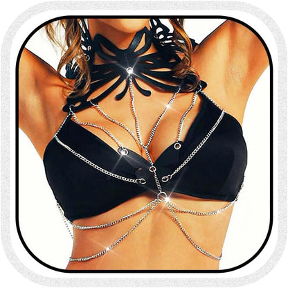 Black Chain Harness Leather Chest Chain Bra Goth Body Chain Jewelry for Women
