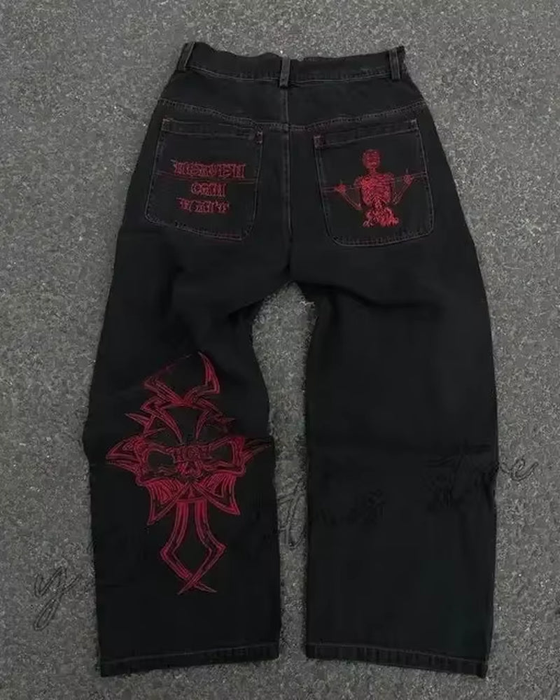High waist Y2K Harajuku baggy jeans with retro wing embroidery, gothic wide trousers by PressureDen.store