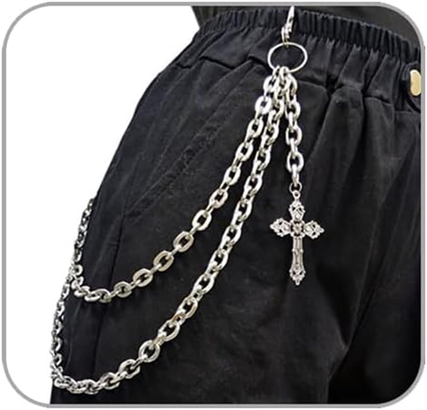 Silver punk layered wallet chain by ANGLEQUEEN with heart cross rivet tassel, hip hop style jewelry for men and women.