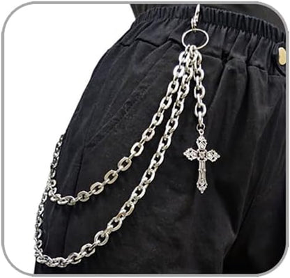 Silver punk layered wallet chain by ANGLEQUEEN with heart cross rivet tassel, hip hop style jewelry for men and women.