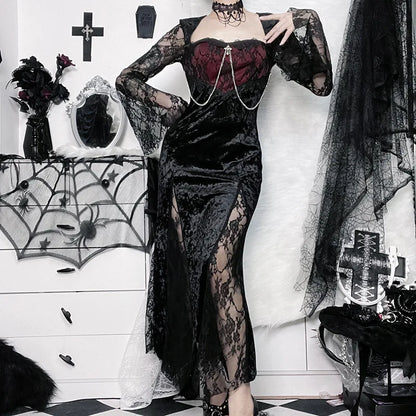 Elegant gothic velvet midi dress with lace splice, featuring a chic design perfect for evening or e-girl fashion.