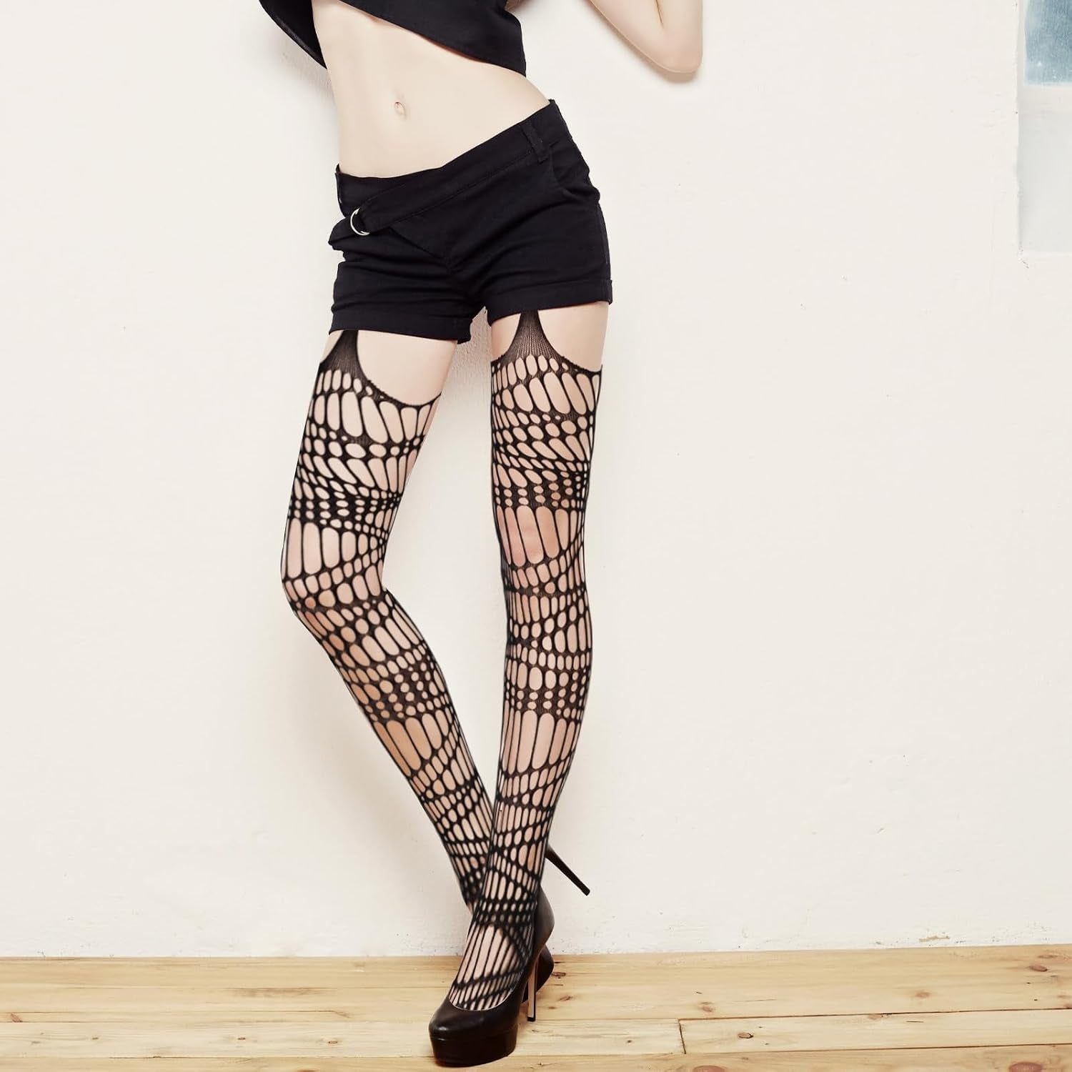 Lusofie 2-pack goth ripped fishnet tights with large holes, perfect for Halloween, rave, and punk fashion styles.