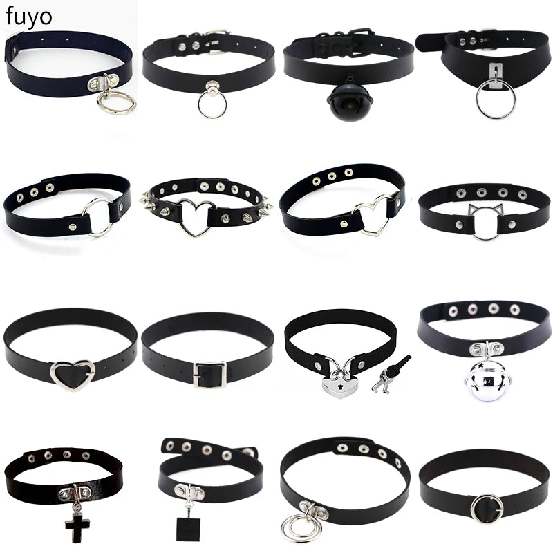 Black PU leather gothic choker necklace with heart pendant, edgy punk accessory for grunge style and parties