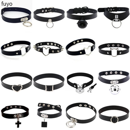Black PU leather gothic choker necklace with heart pendant, edgy punk accessory for grunge style and parties