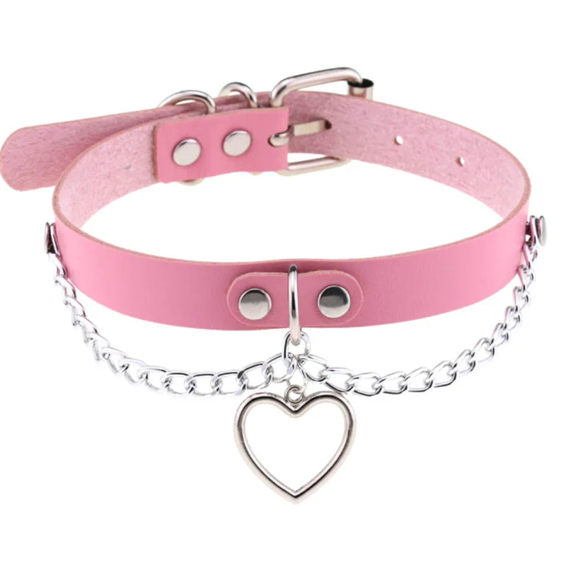 Harajuku goth punk Y2K chunky leather choker with heart rivets, trendy PU leather necklace for girls, featuring bold heart designs.