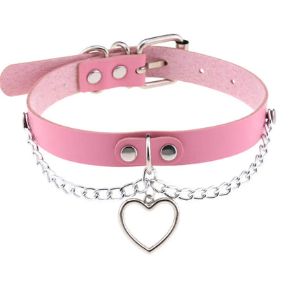 Harajuku goth punk Y2K chunky leather choker with heart rivets, trendy PU leather necklace for girls, featuring bold heart designs.