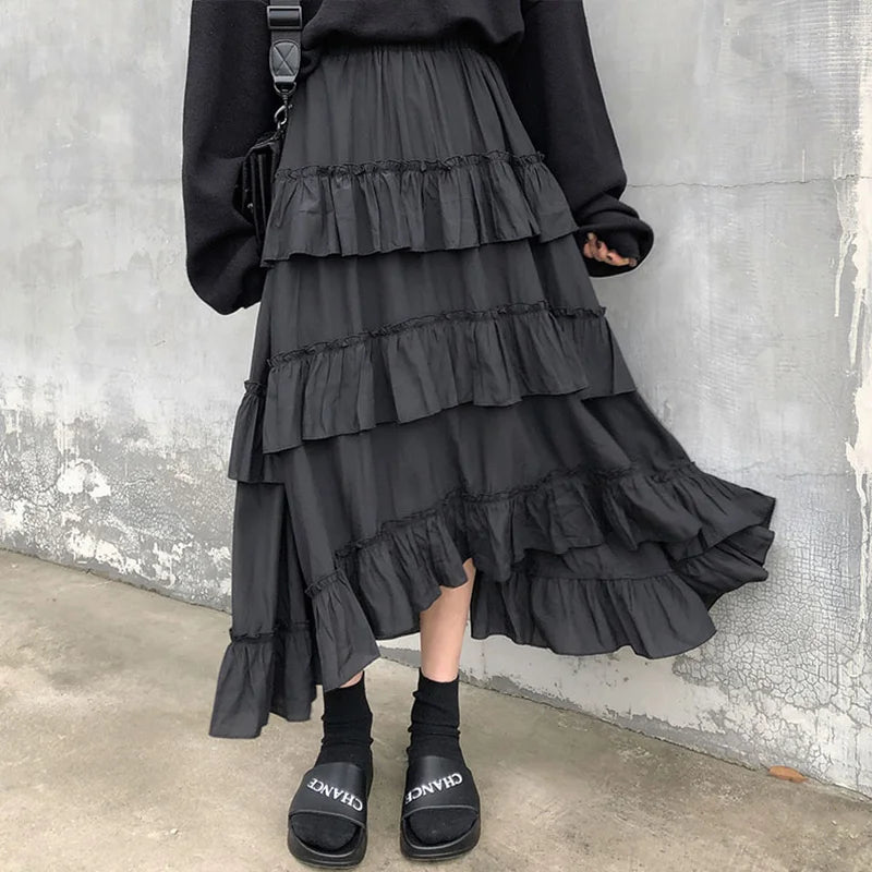 Gothic Lolita high waisted asymmetrical midi long skirt with ruffles, perfect for summer, featuring a dramatic dark style for women