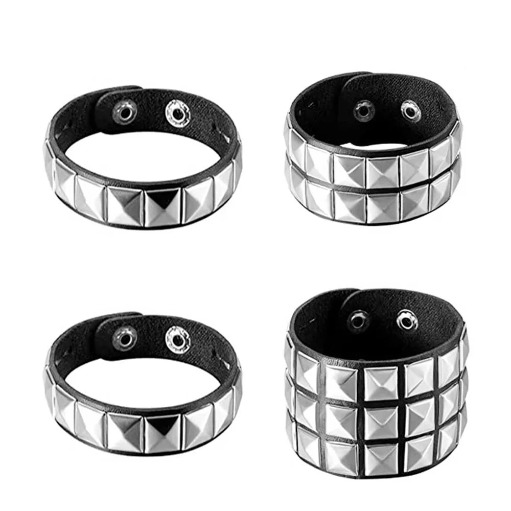 Black leather cuff bracelet with metal rivets, Gothic punk style, designed for men and women, from PressureDen.store.