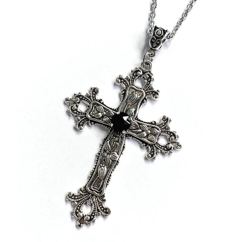 Gothic vintage cross pendant necklace with edgy Y2K grunge chain jewelry for men and women, featuring a dark metal cross design.