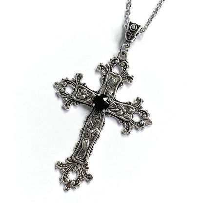 Gothic vintage cross pendant necklace with edgy Y2K grunge chain jewelry for men and women, featuring a dark metal cross design.