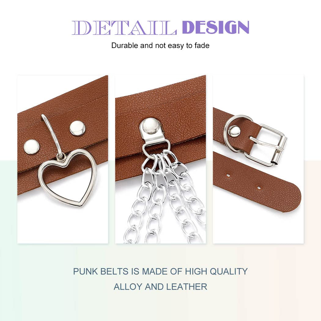 Brown PU leather waist chain belt with heart-shaped design, stylish rave accessory for women and girls, by BODIY.