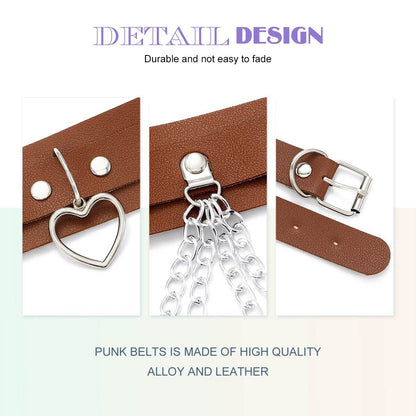 Brown PU leather waist chain belt with heart-shaped design, stylish rave accessory for women and girls, by BODIY.