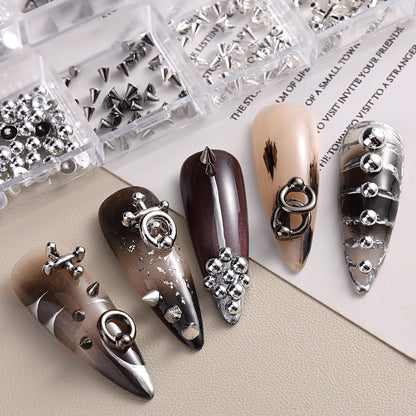 Gothic punk nail charms with 3D triangle, spike designs, black rivets, and silver alloy accessories for edgy Y2K nail art.