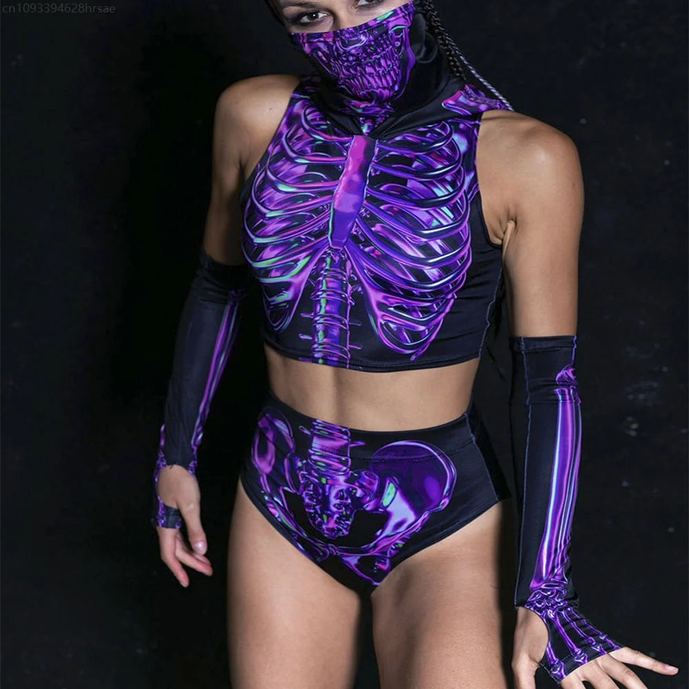 Psychedelic Cyberpunk Skull Rave Costume Set for Halloween & Dance Parties