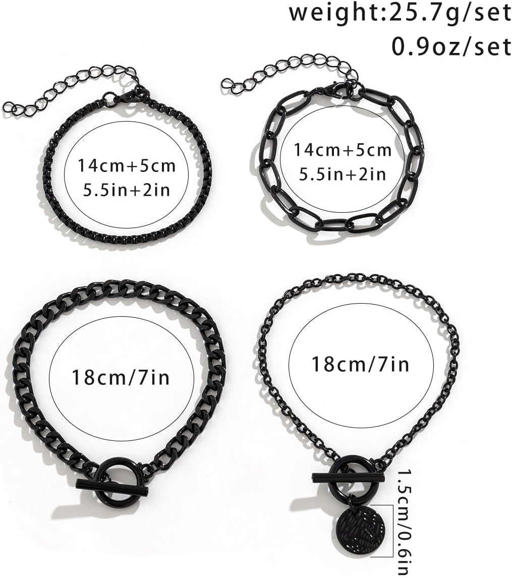 Stackable black bracelets set by SAVNOJW featuring gold coin charms and vintage chains, ideal for Gothic, Y2K, or Halloween accessories.