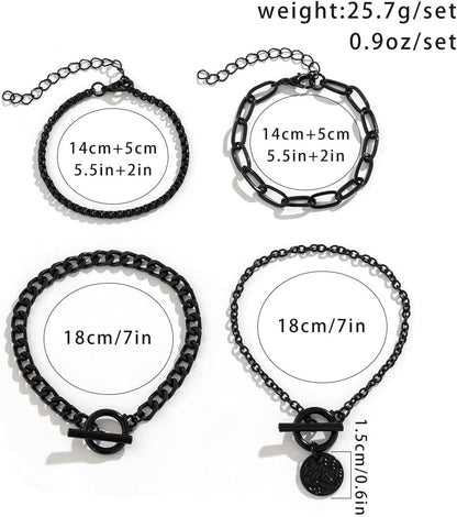 Stackable black bracelets set by SAVNOJW featuring gold coin charms and vintage chains, ideal for Gothic, Y2K, or Halloween accessories.