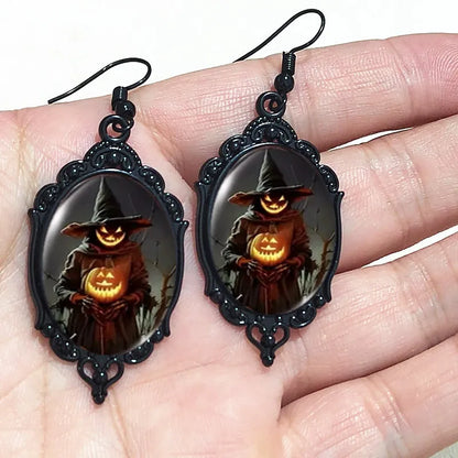 Gothic witch cameo dangle earrings with vintage crystal glass accents, Victorian punk style jewelry featuring dark, mystical design.